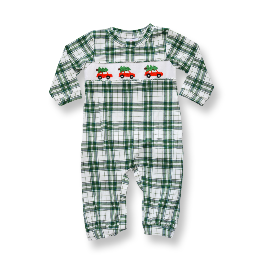 PRE-ORDER Boys Christmas Tree Car Smocked Romper