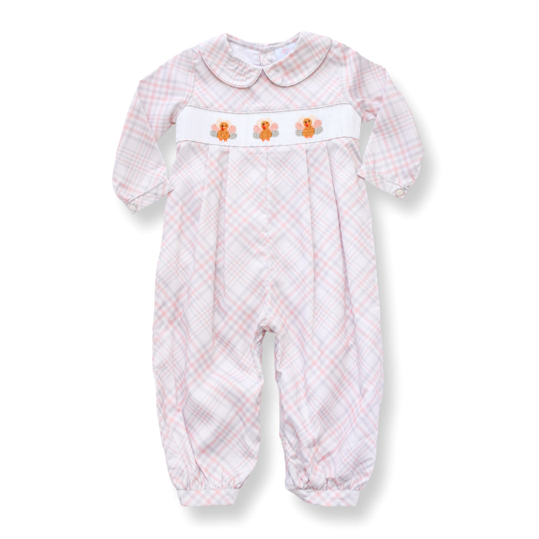 PRE-ORDER Boys Beige Plaid Turkey Smocked Romper