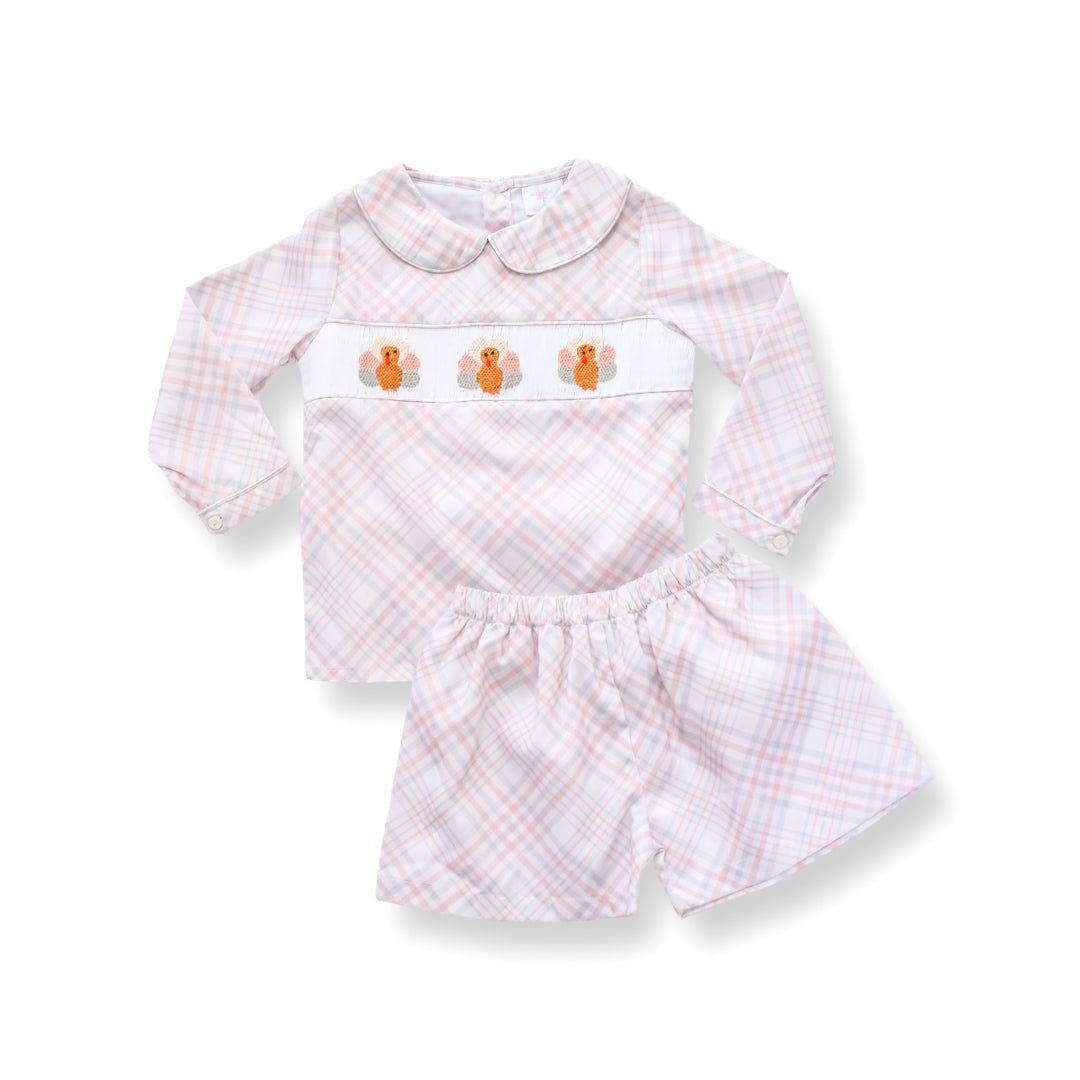 PRE-ORDER Boys Beige Plaid Turkey Smocked Short Set