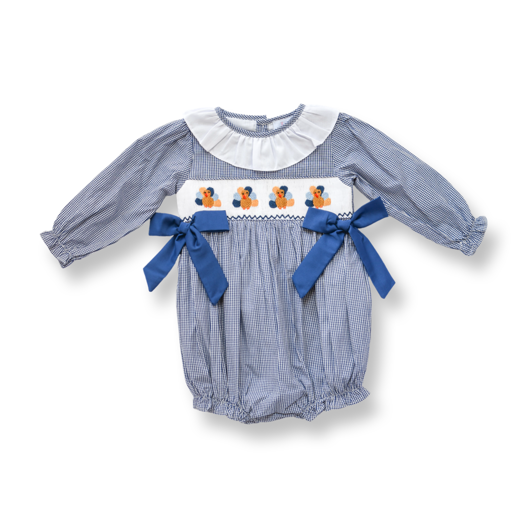 PRE-ORDER Girls Navy Gingham Turkey Smocked Bubble