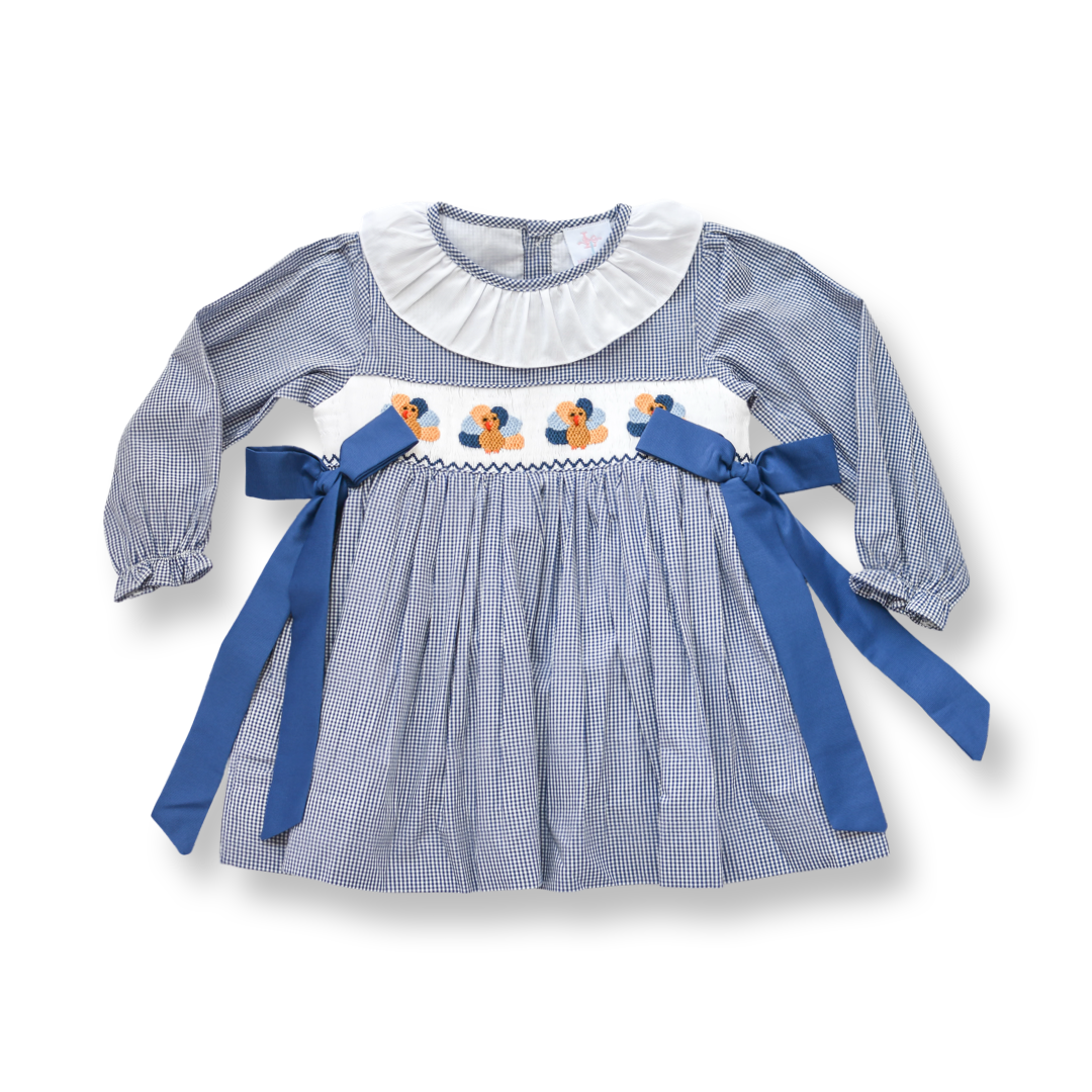 Girls Navy Gingham Turkey Smocked Dress