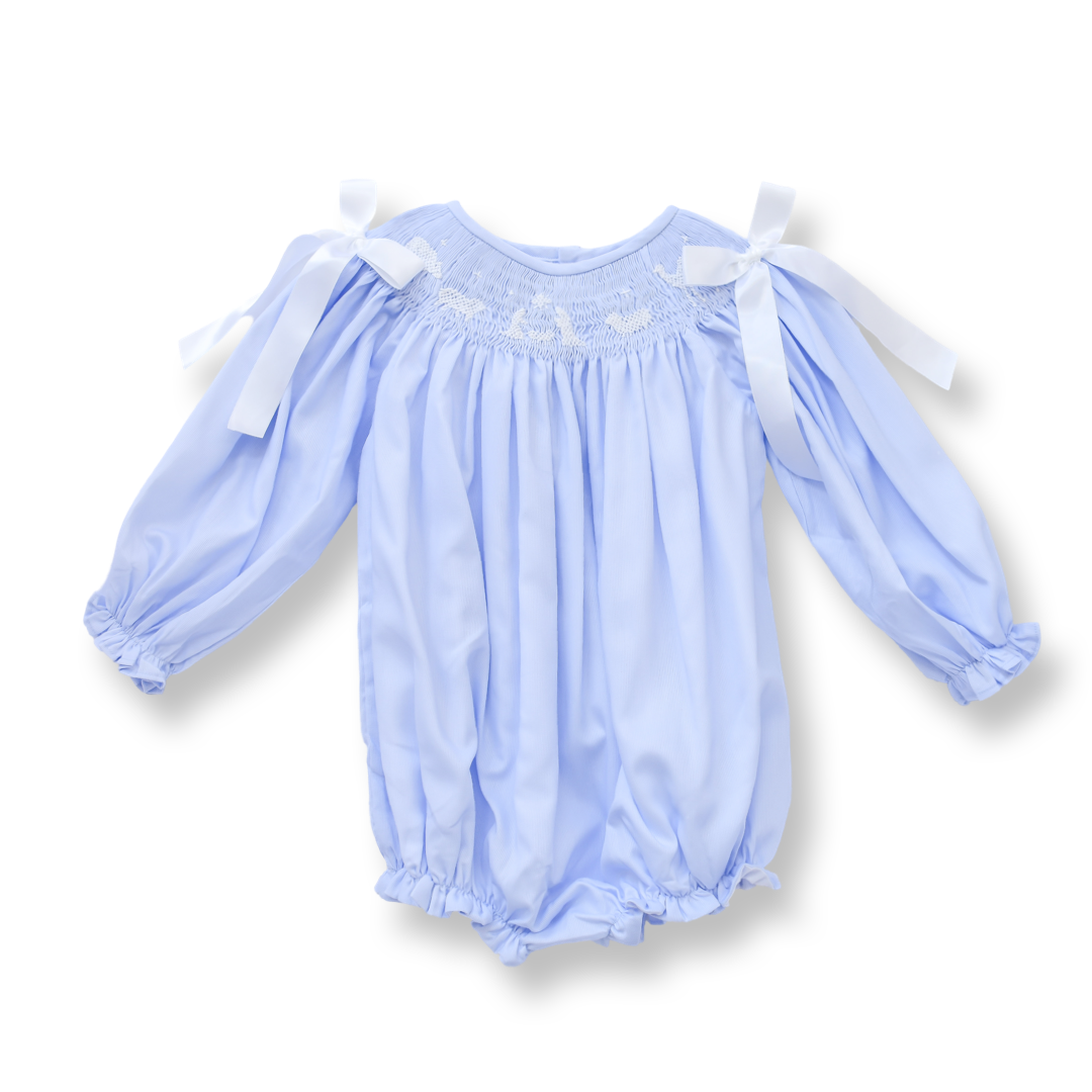 PRE-ORDER Girls Blue Smocked Nativity Bubble with Satin Bows