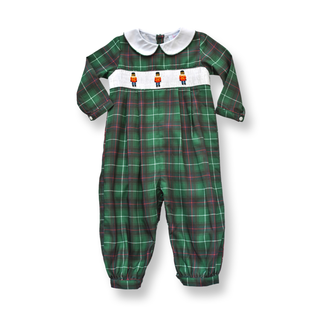 PRE-ORDER Boys Toy Soldier Green Tartan Smocked Romper