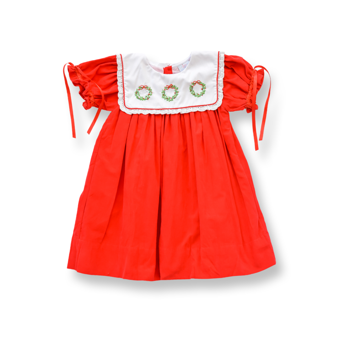 PRE-ORDER Girls Heirloom Red Corduroy Smocked Wreath Dress
