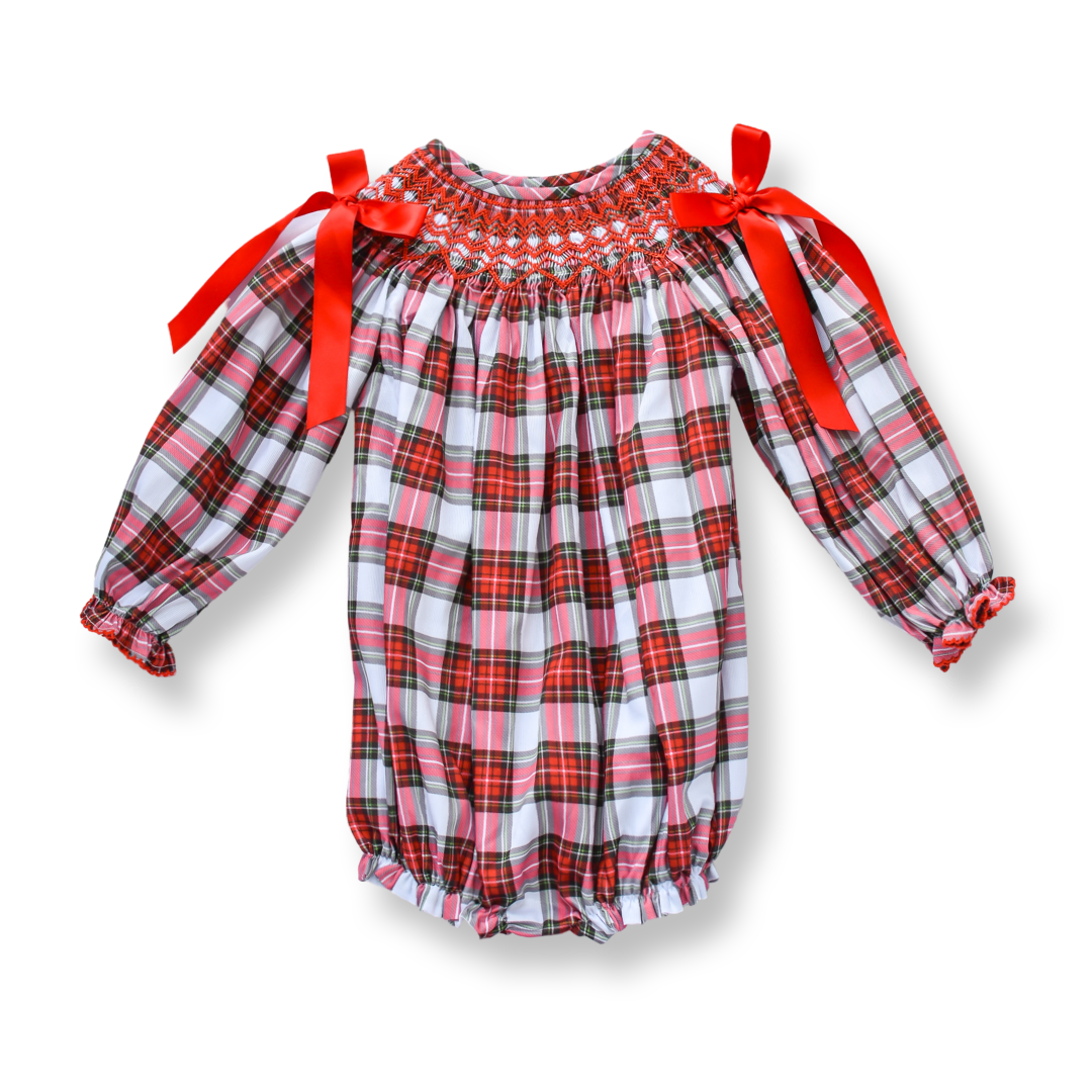 PRE-ORDER Girls Red Tartan Smocked Bubble with Satin Bows