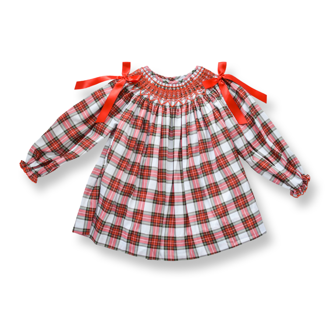 PRE-ORDER Girls Red Tartan Smocked Dress with Satin Bows