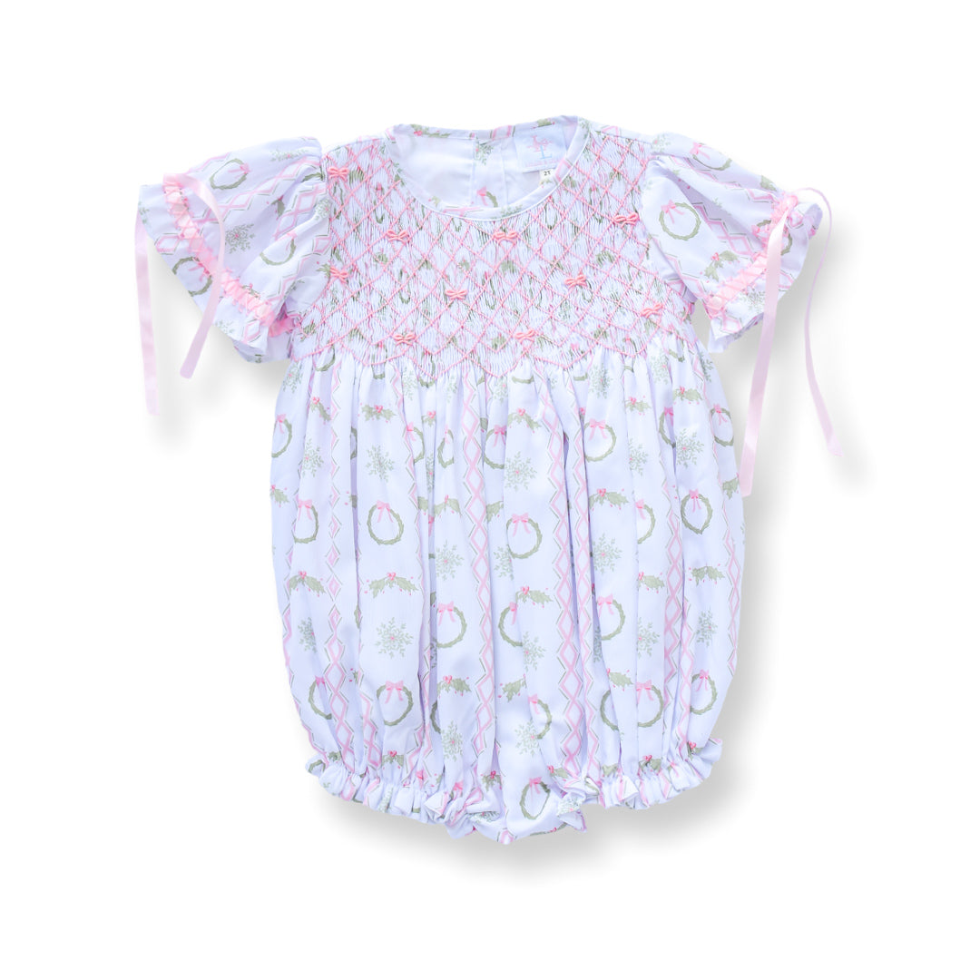 PRE-ORDER Girls Pink Christmas Wreath Smocked Bubble