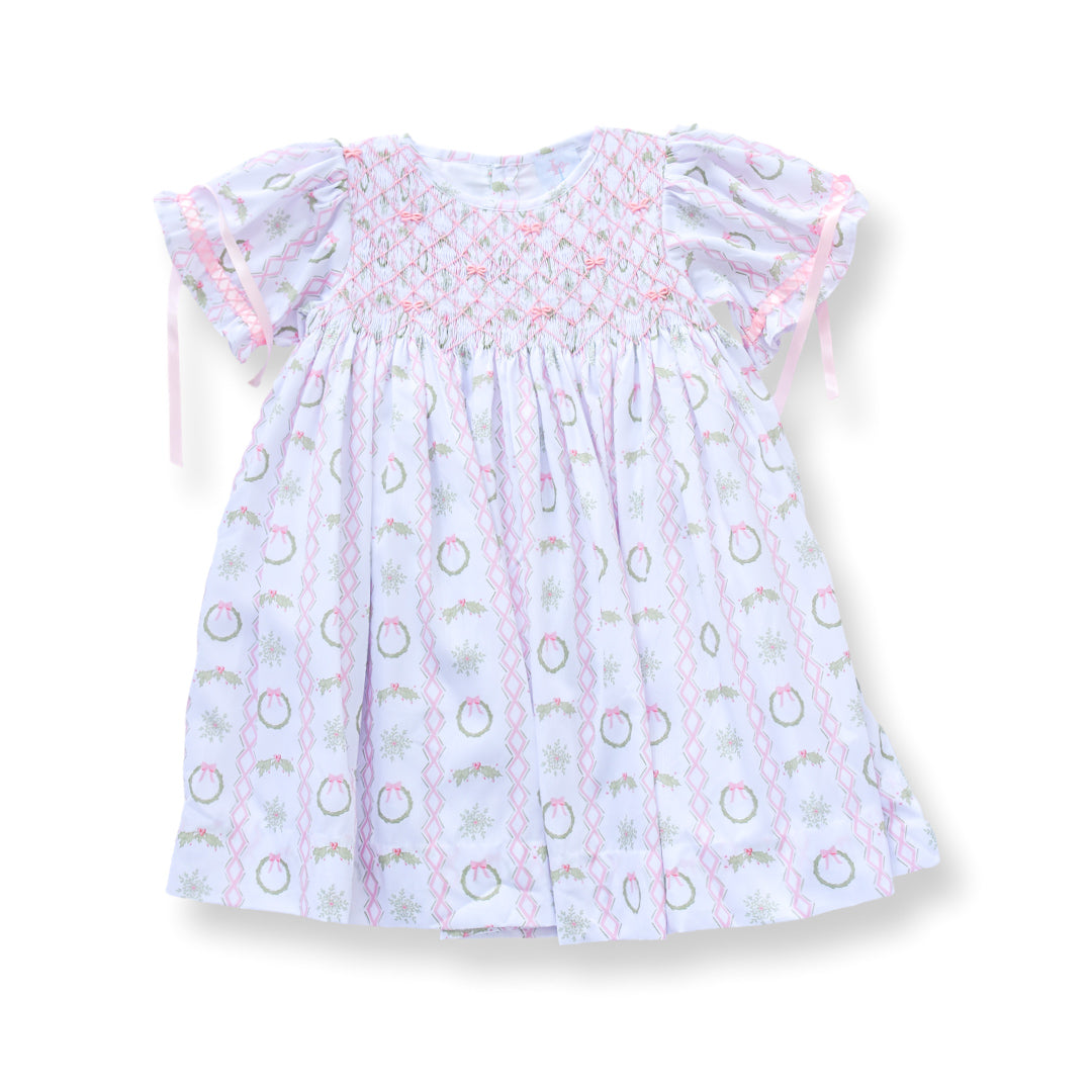 PRE-ORDER Girls Pink Christmas Wreath Smocked Dress