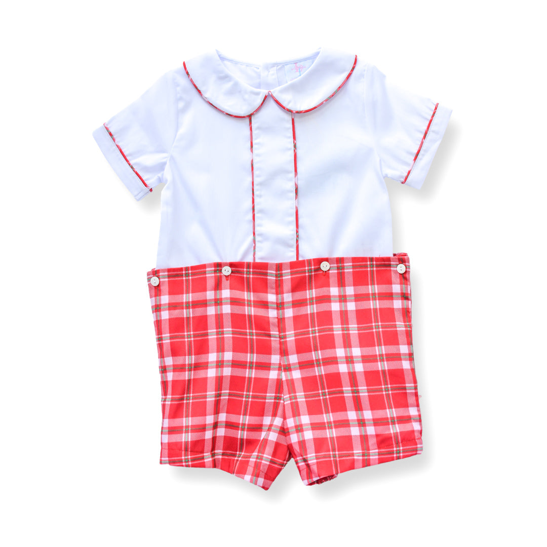 PRE-ORDER Boys Red Plaid Christmas Button-On Short Set