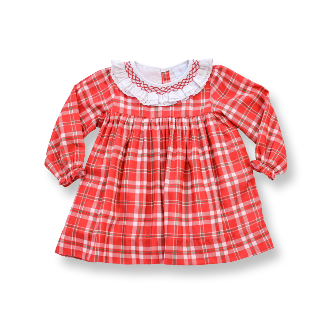 PRE-ORDER Girls Red Tartan Smocked Dress with Ruffle Collar