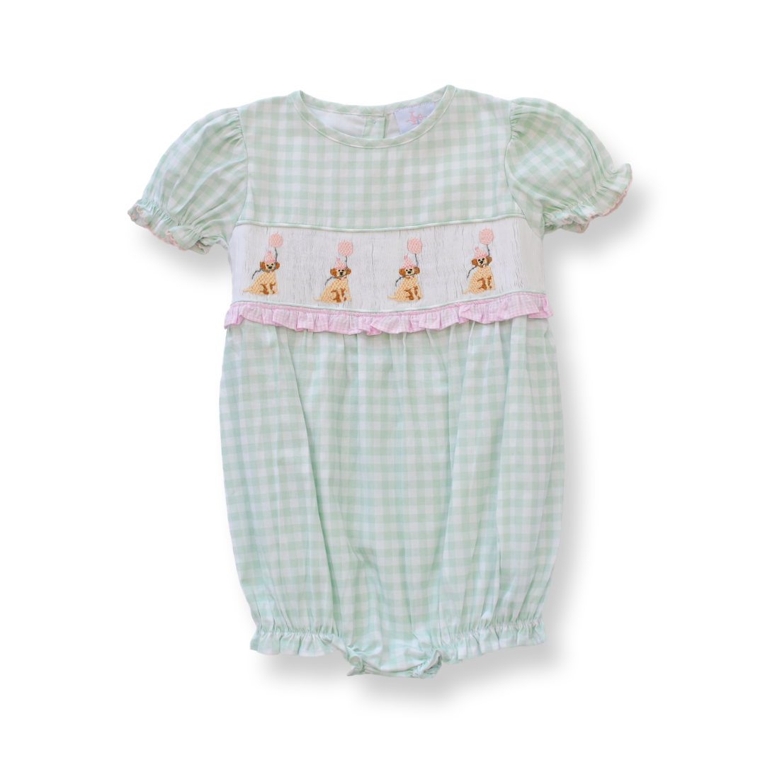 Girls Smocked Birthday Puppy Bubble