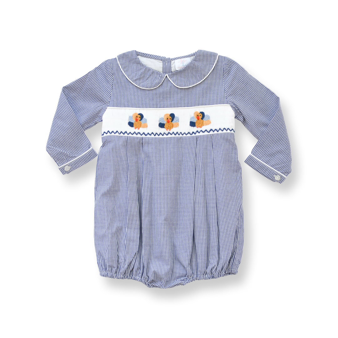 PRE-ORDER Boys Navy Gingham Turkey Smocked Bubble