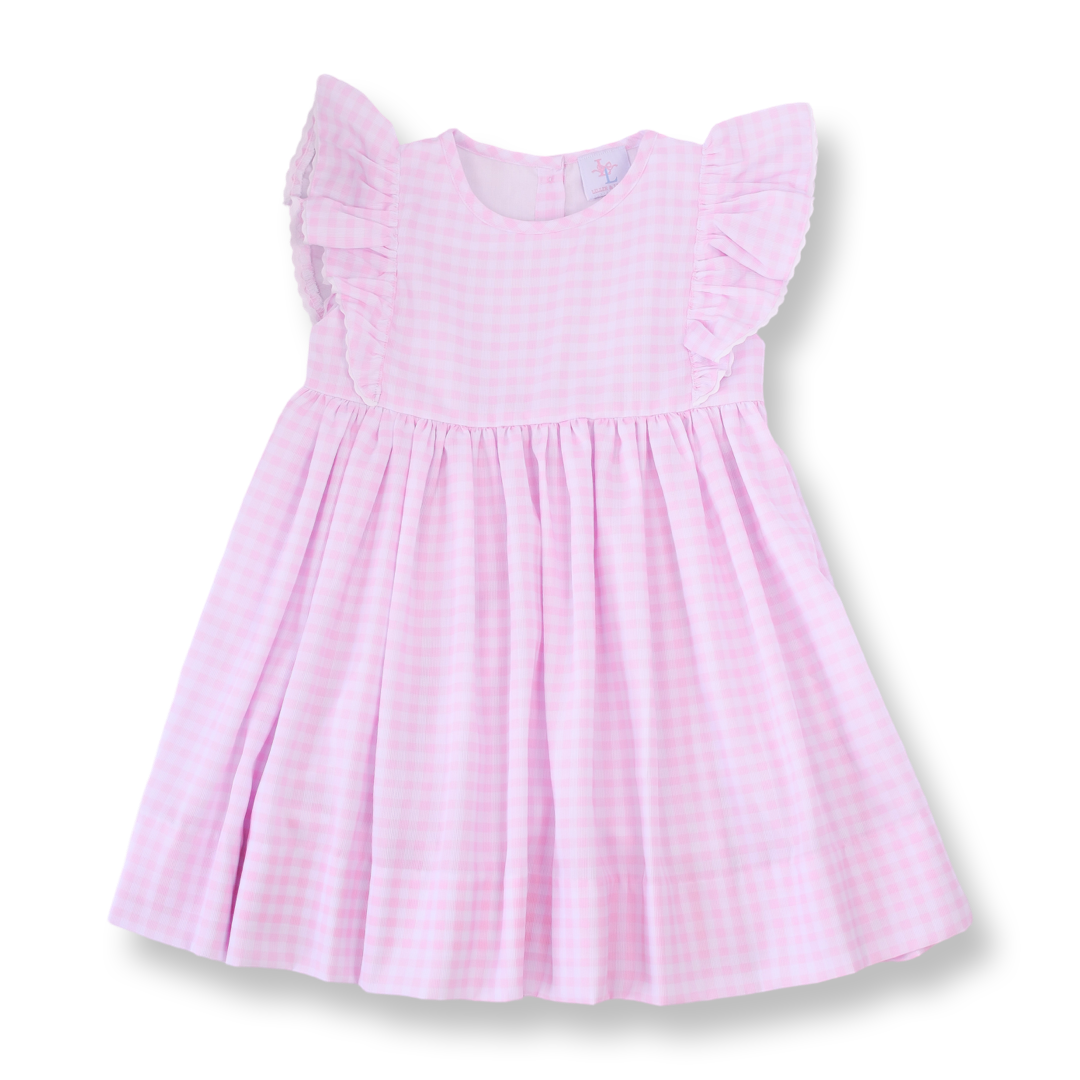 Petit Bebe Knits Girls Lilac Knit Gingham Sleeveless Dress with Rainbows on Pockets main image 1