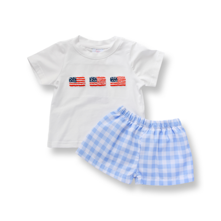 Patriotic Boys Smocked American Gingham Flag Short Set