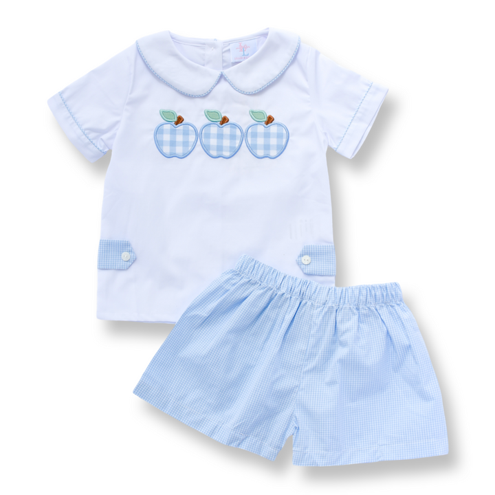 Blue Gingham Apple Boys Short Set