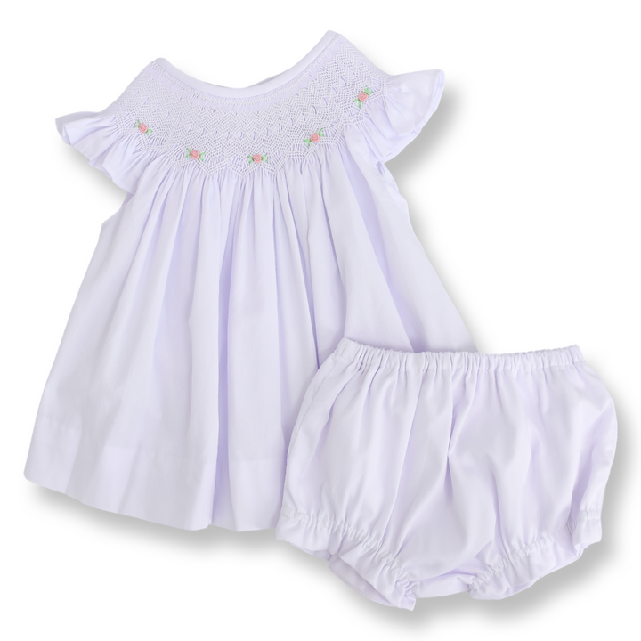 Pink Roses on White Smocked Diaper Set