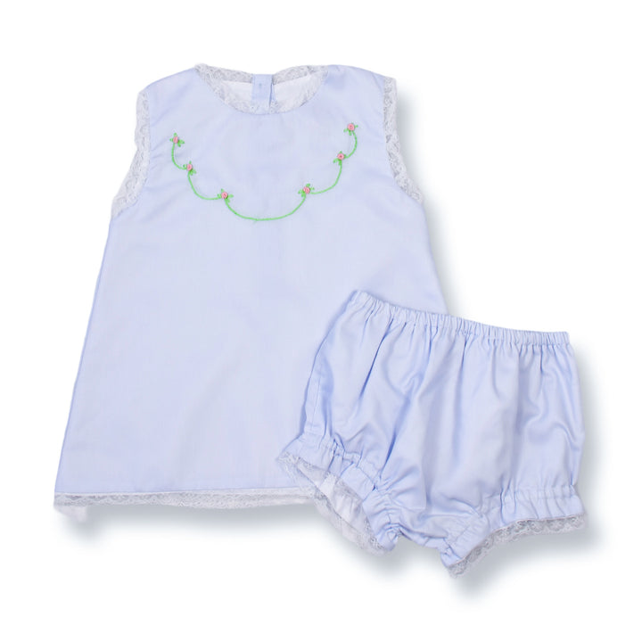 Pink Roses on Pale Blue Smocked Diaper Set