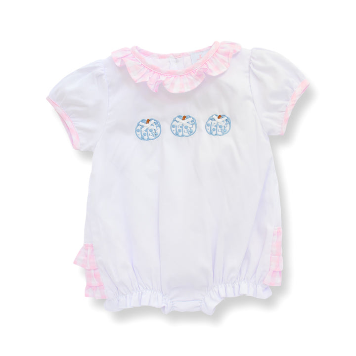 Carly Chinoiserie Pumpkin and Pink Gingham Ruffle Smocked Bubble
