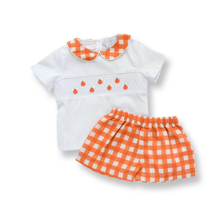 Boy Orange Gingham Pumpkin Smocked Short Set