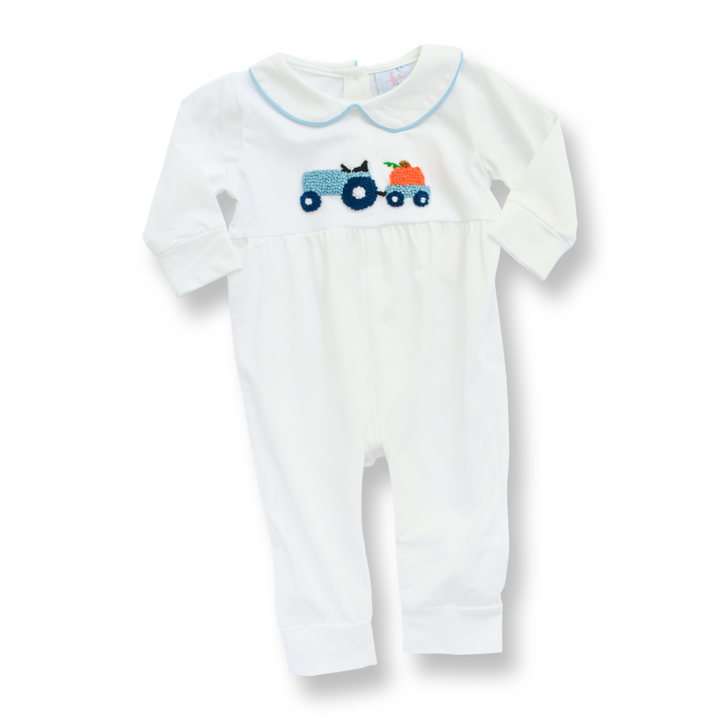 Timothy French Knot Pumpkin Tractor Boy Romper