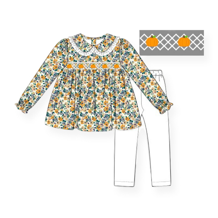 Yellow Fall Floral Pumpkin Smocked Legging Set