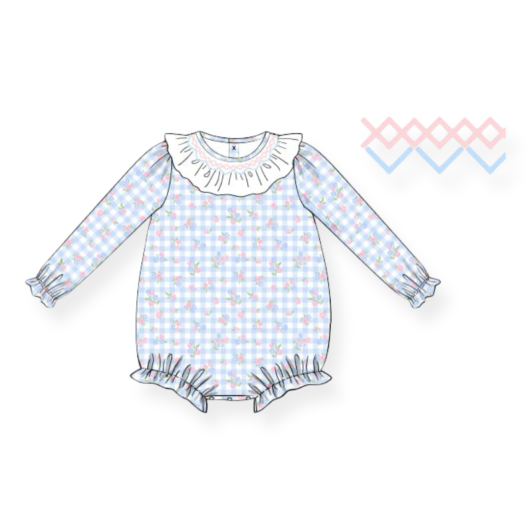 Girls Pastel Gingham Floral Smocked Bubble