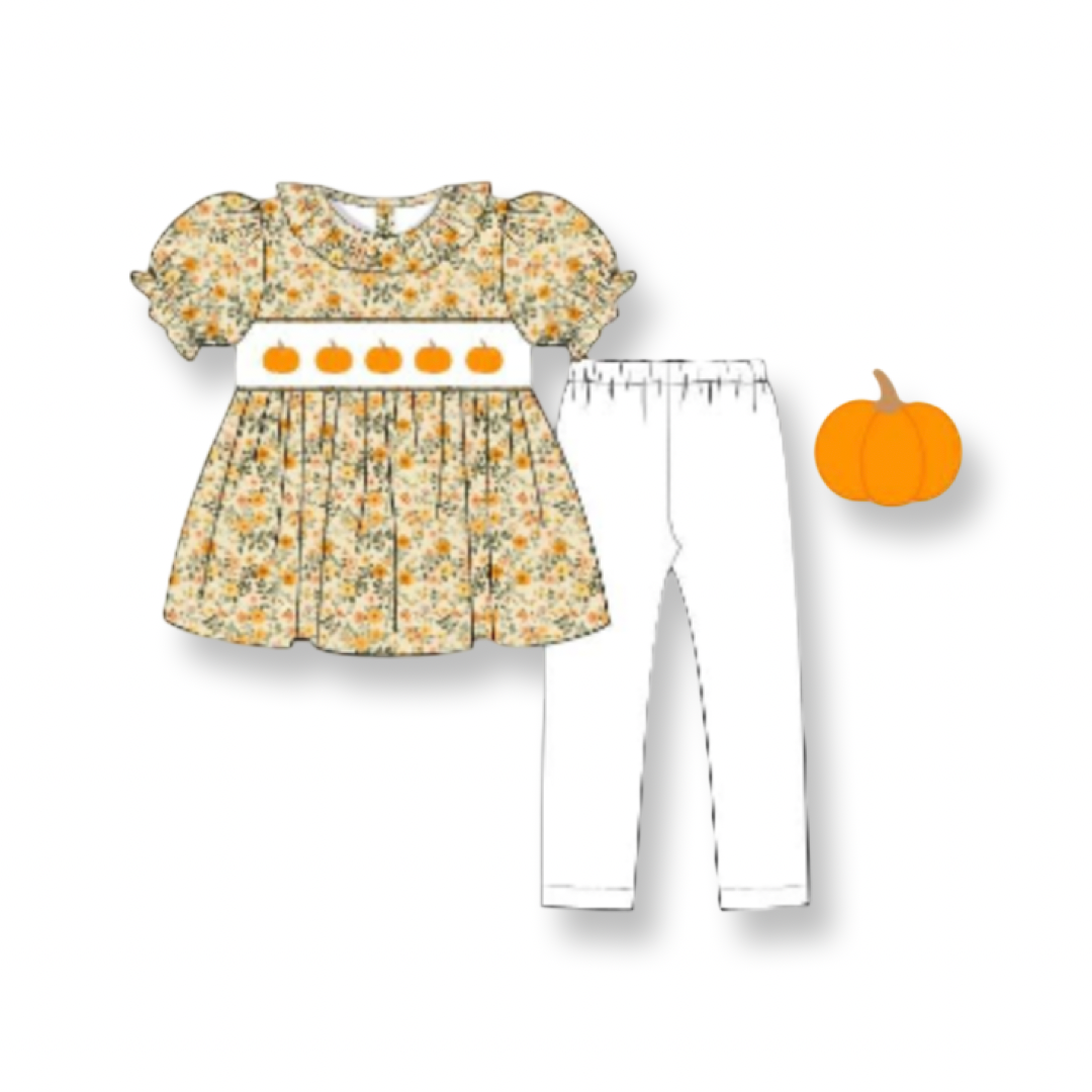 Yellow Floral Pumpkin Smocked Legging Set