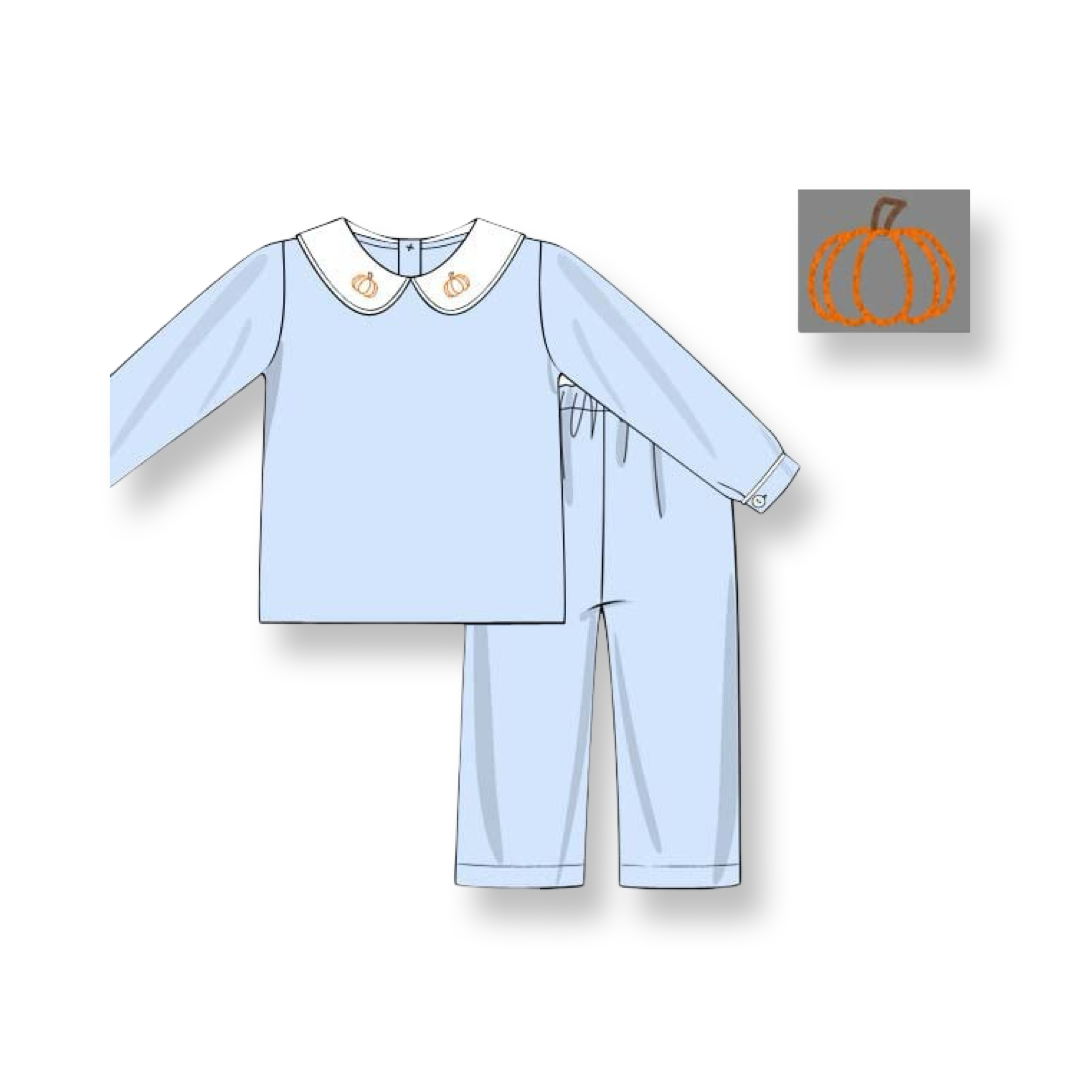 Boys Light Blue Pant Set with Shadow Embroidered Pumpkin