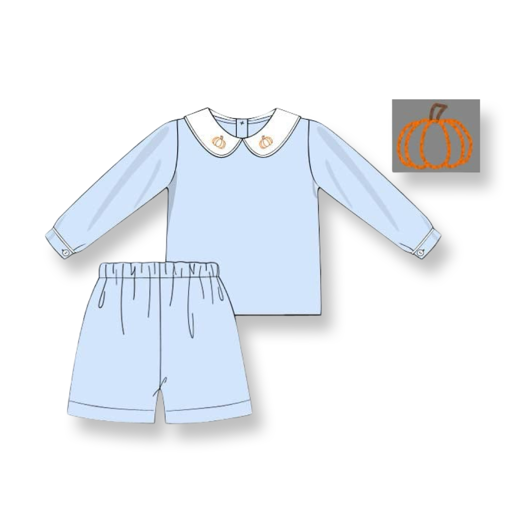 Boys Light Blue Short Set with Shadow Embroidered Pumpkin
