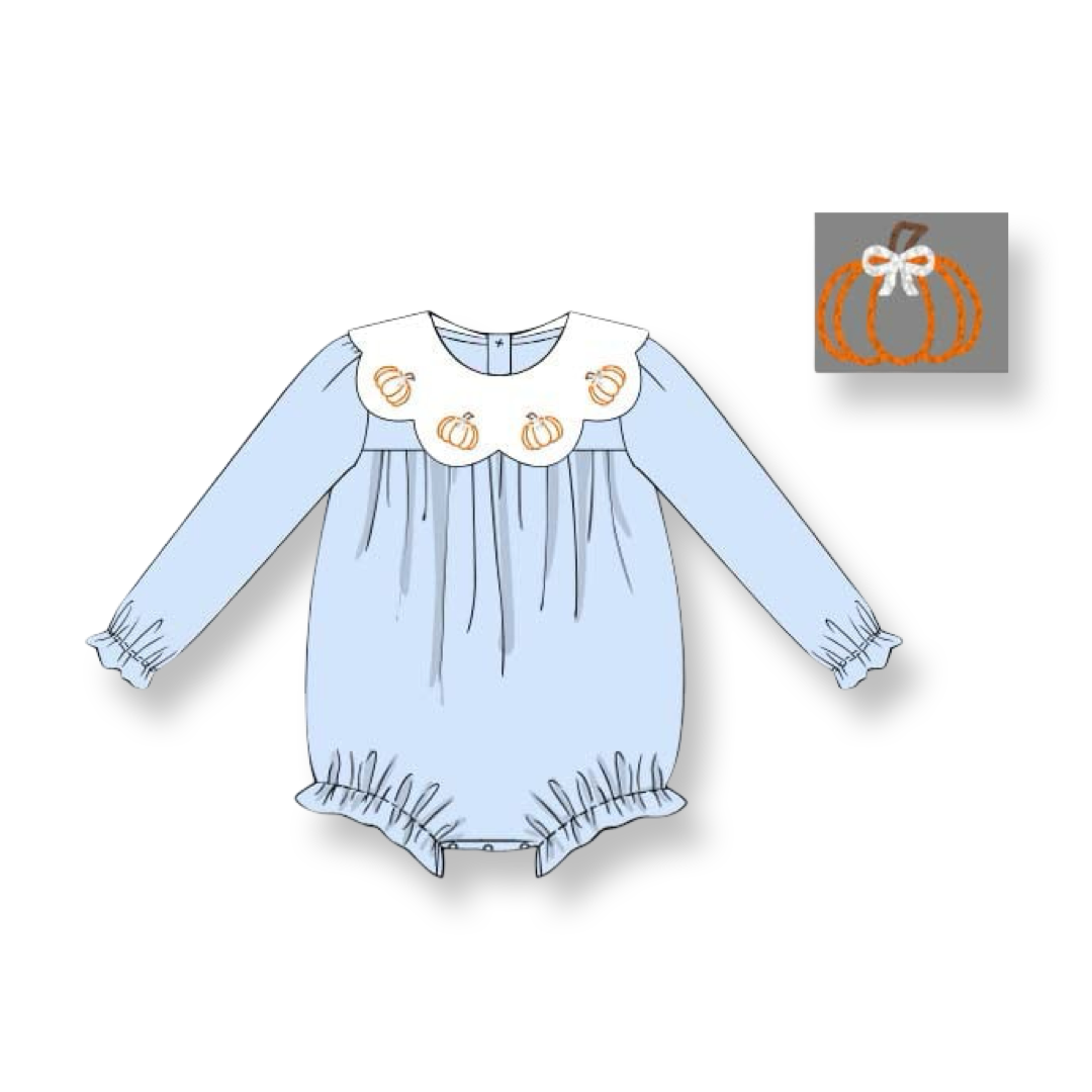 Girls Light Blue Bubble with Shadow Embroidered Pumpkin
