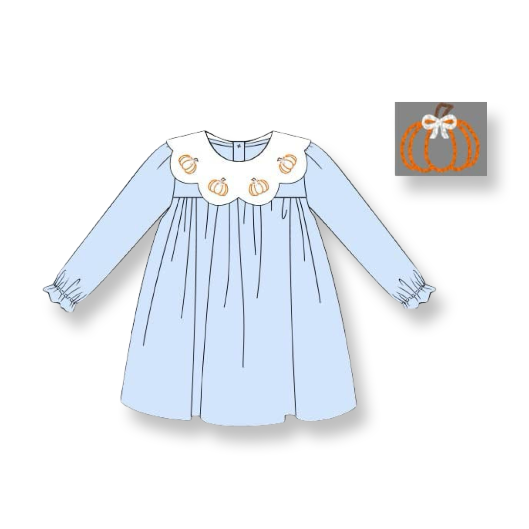 Girls Light Blue Dress with Shadow Embroidered Pumpkin