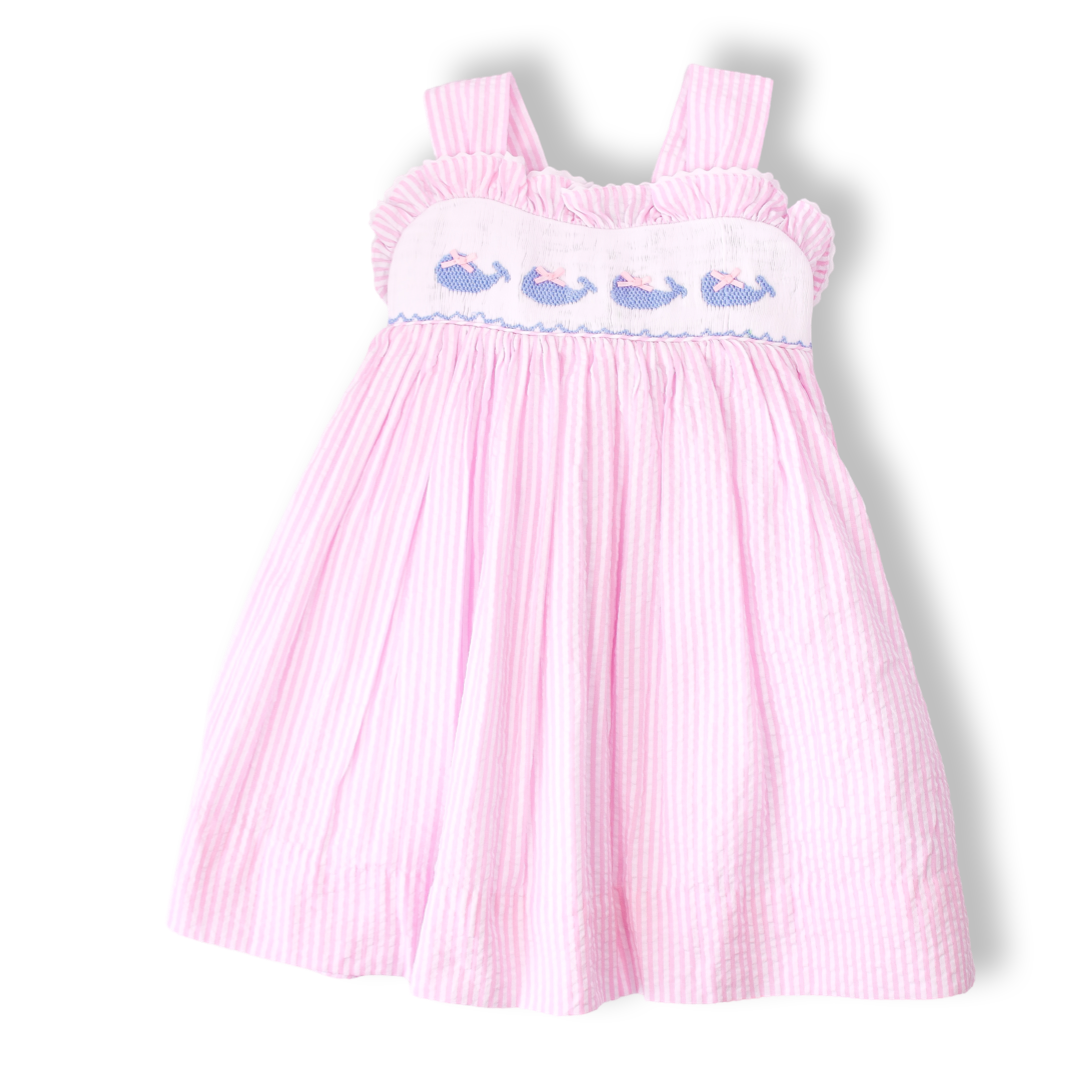 pink seersucker dress Pink Seersucker Whale Smocked Dress