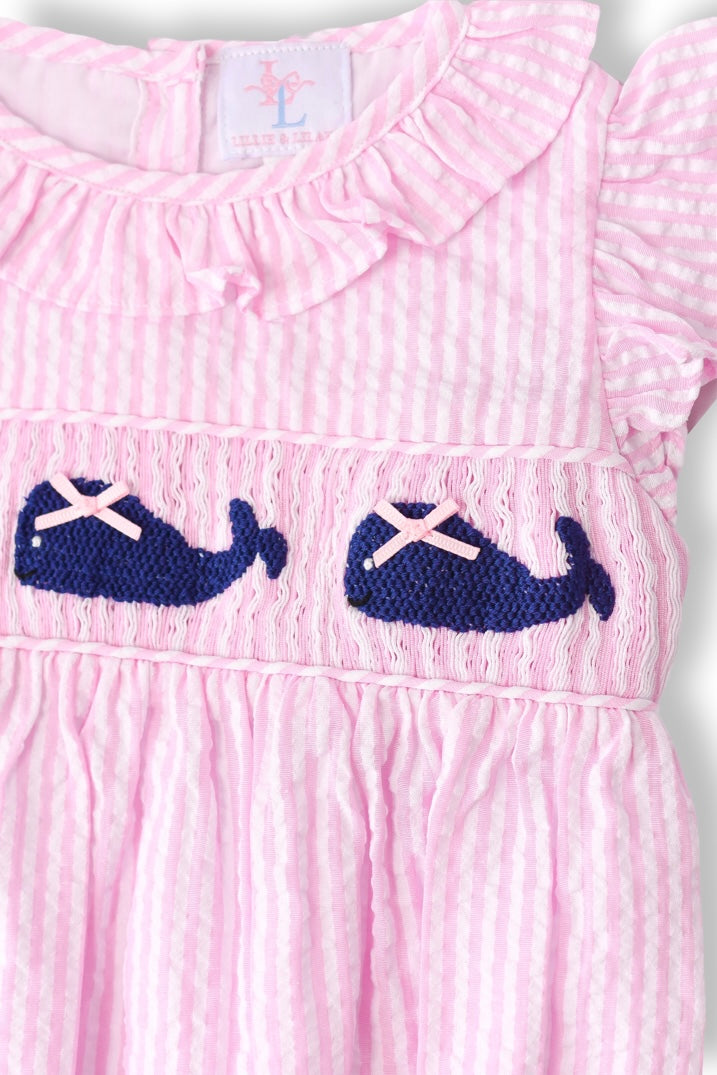 Pink Seersucker Whale Smocked Bubble with Navy Whales
