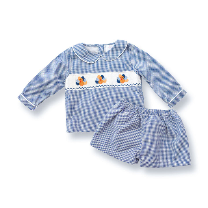 Boys Navy Gingham Turkey Smocked Short Set
