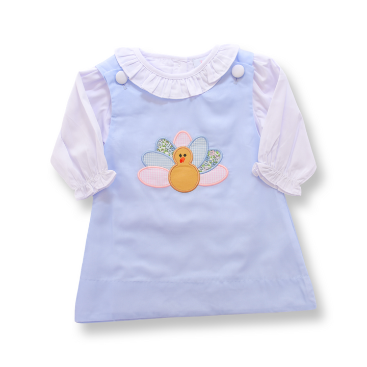 Girls Blue Corduroy Appliqué Turkey Dress Set