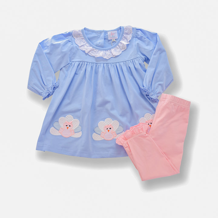 Girls Blue Turkey Applique Shirt and Legging Set