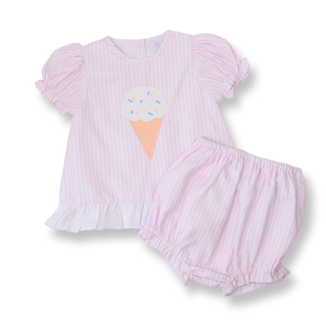 Pink Seersucker Ice Cream Applique Diaper Set
