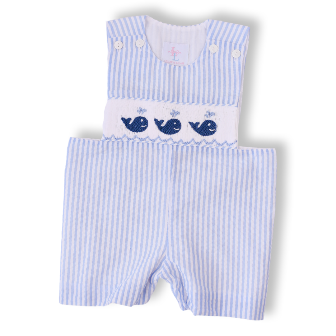 Navy Whale Smocked Boys Blue Seersucker Shortall – Lillie Lilah