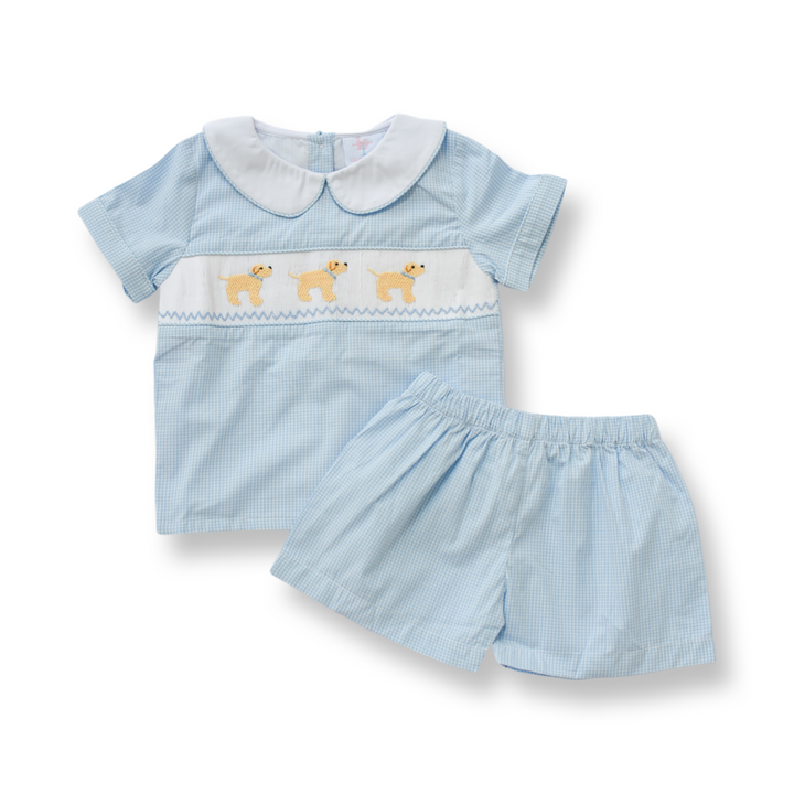Puppy Blue Gingham Boy Short Set