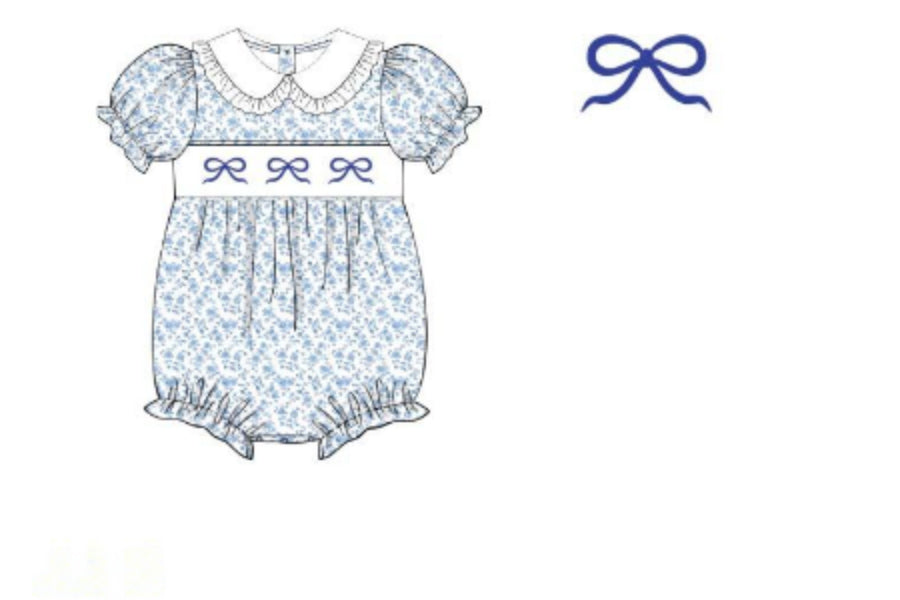 Girls Blue Floral Smocked Bubble with Bow Embroidery
