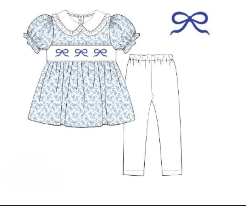 Girls Blue Floral Smocked Legging Set with Bow Embroidery