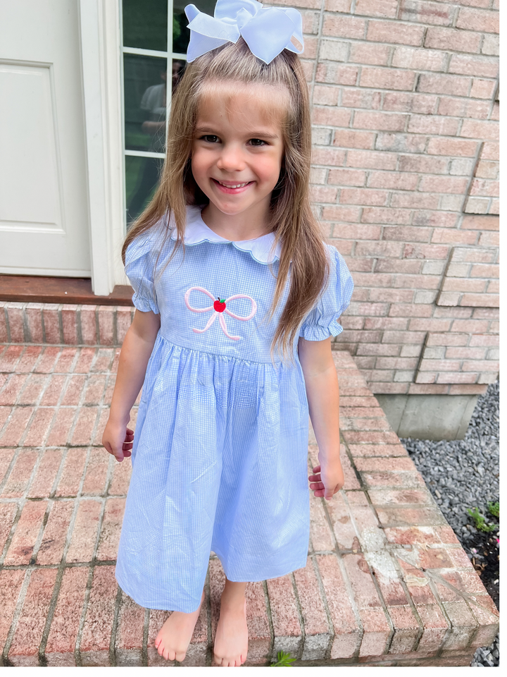 Blue Gingham Apple Bow Dress