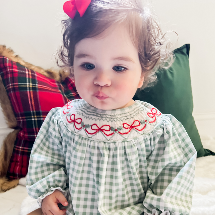 Blakely Red Bow Christmas Bishop Smocked Dress