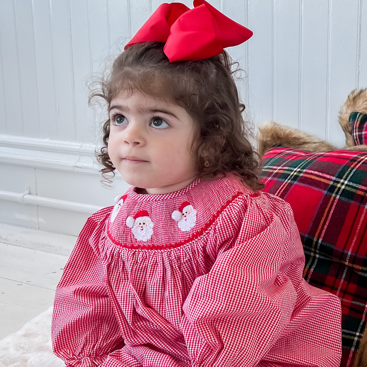 Girls Red Gingham Santa Smocked Dress