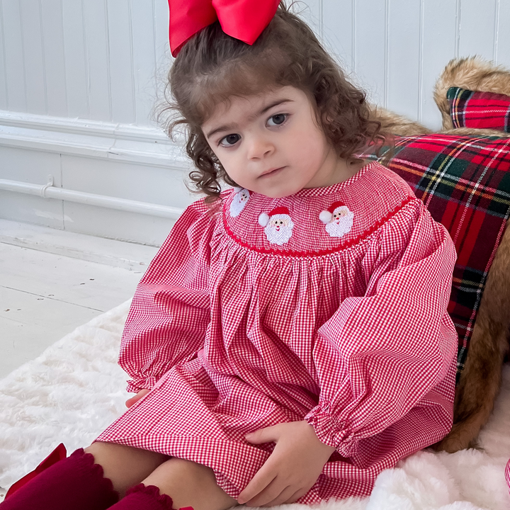 Girls Red Gingham Santa Smocked Dress