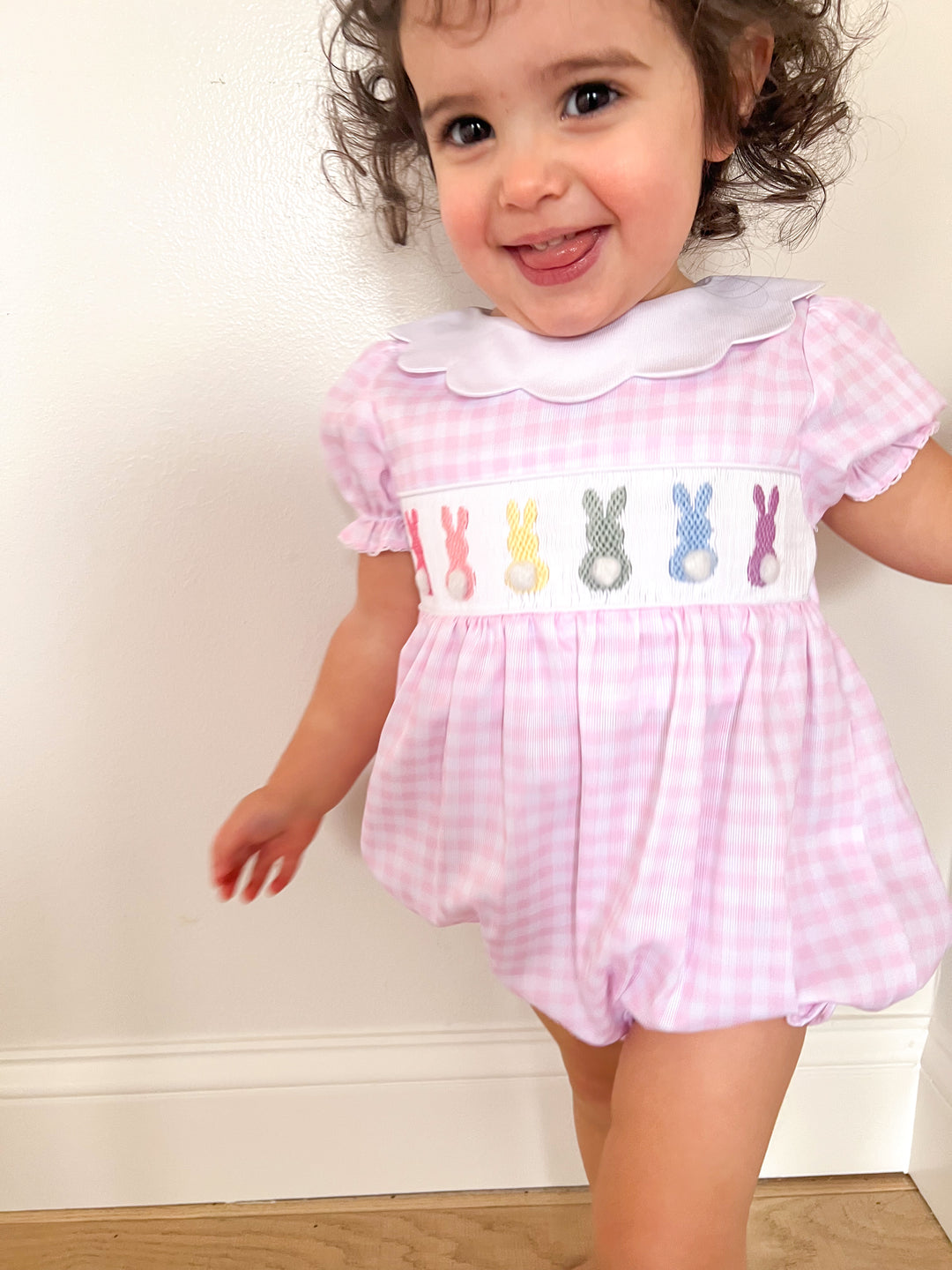 Emilie Easter Bunny Pink Gingham Smocked Bubble