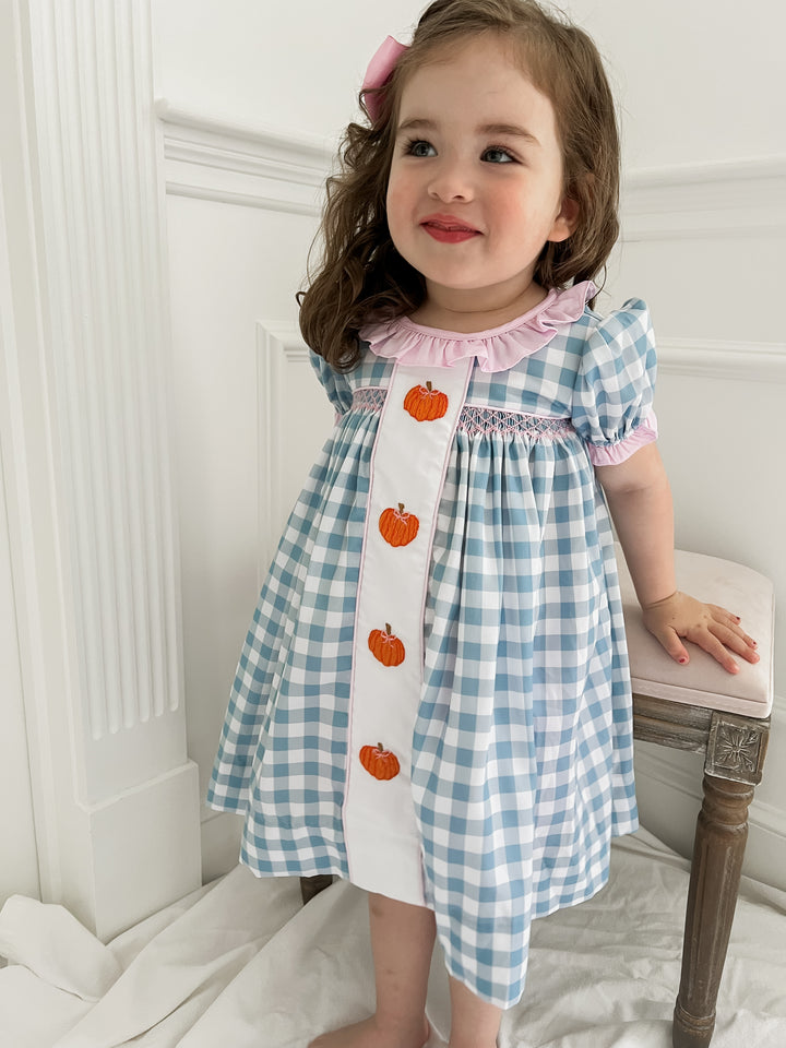 Hadley Blue Gingham Pumpkin Smocked Dress