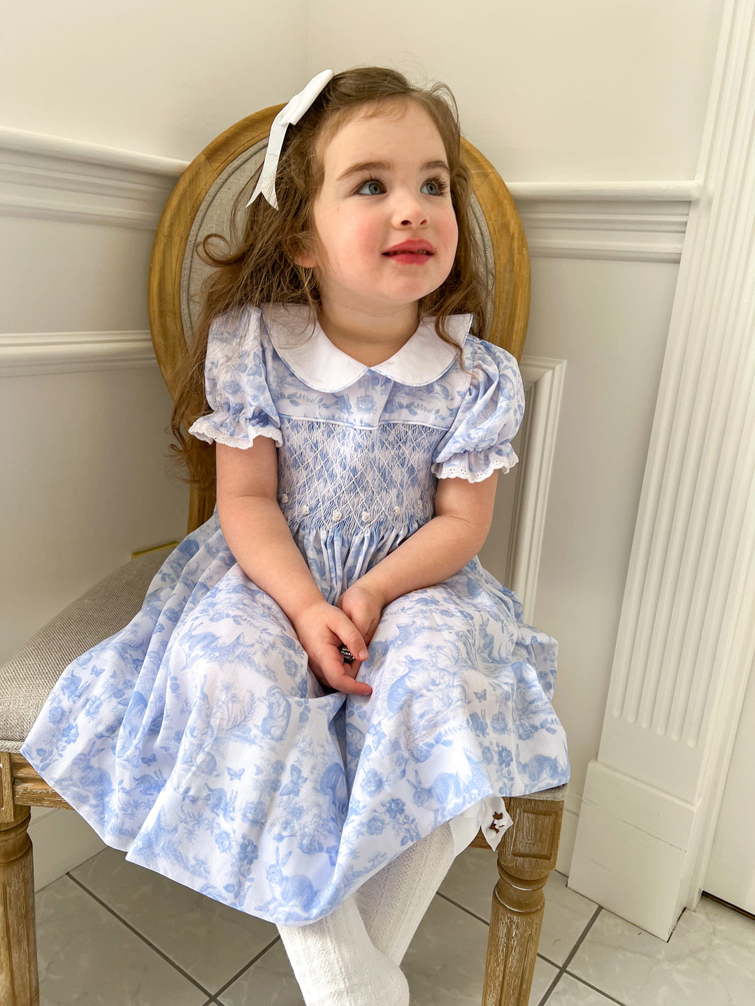 PRE-ORDER Blue Easter Bunny Toile Smocked Dress