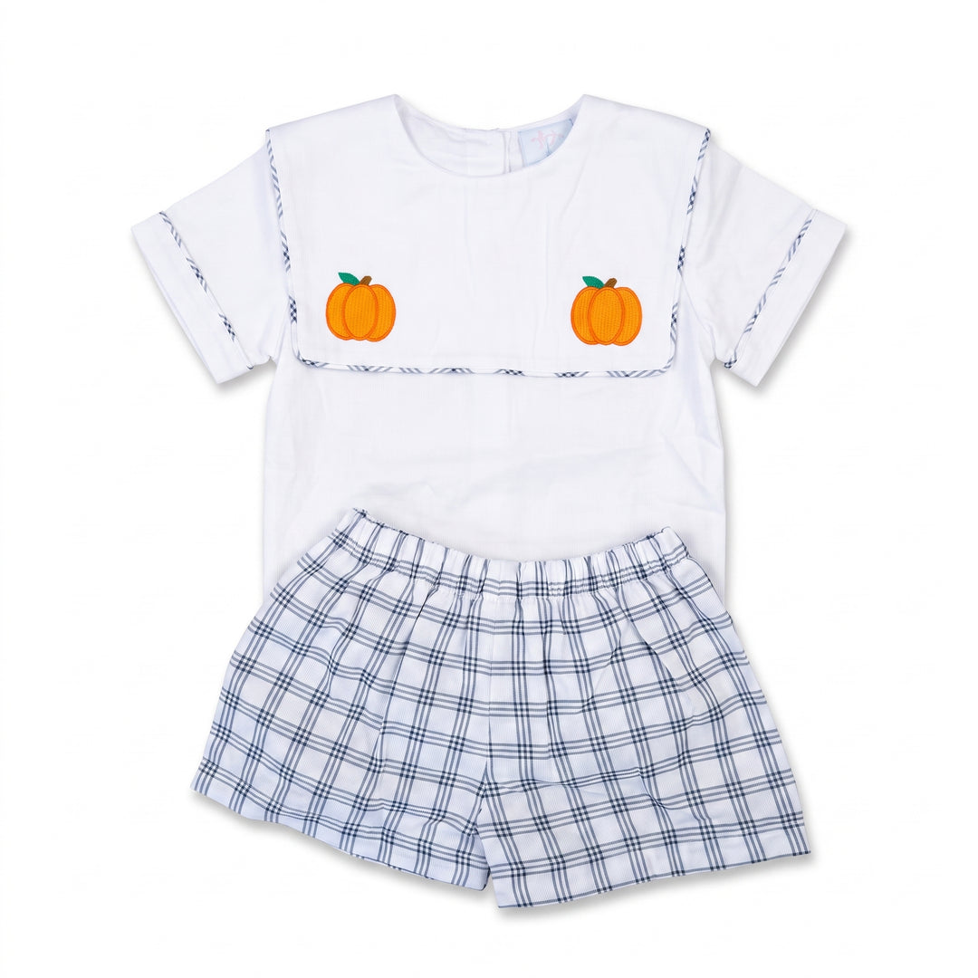 Harvest Pumpkin Short Set in Blue Plaid