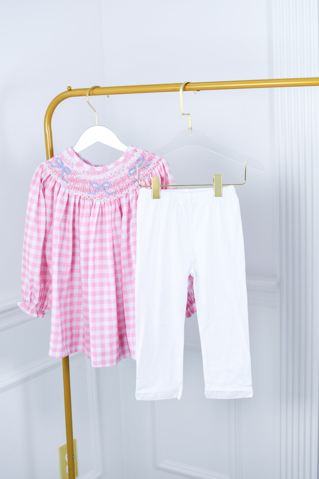 Bella Bow Pink Gingham Smocked Legging Set